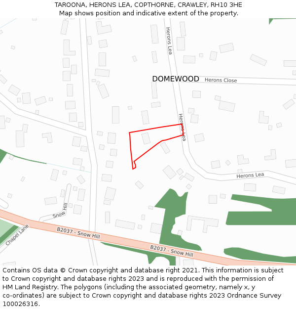TAROONA, HERONS LEA, COPTHORNE, CRAWLEY, RH10 3HE: Location map and indicative extent of plot