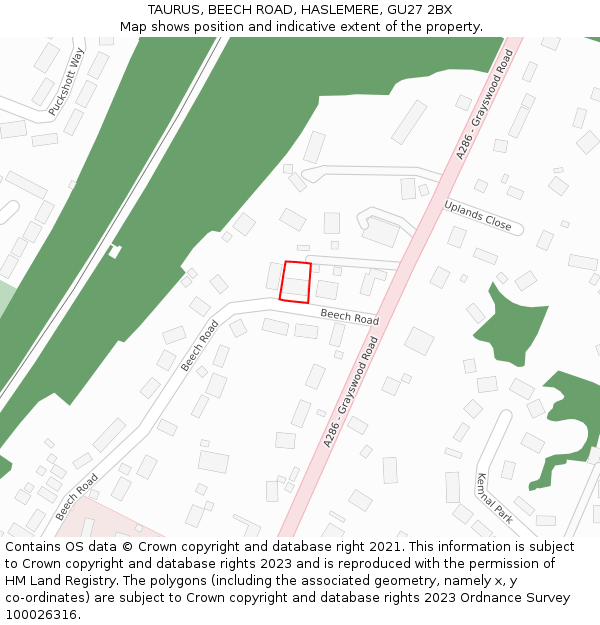 TAURUS, BEECH ROAD, HASLEMERE, GU27 2BX: Location map and indicative extent of plot