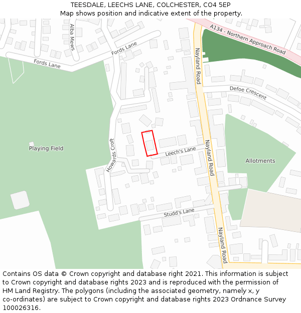 TEESDALE, LEECHS LANE, COLCHESTER, CO4 5EP: Location map and indicative extent of plot