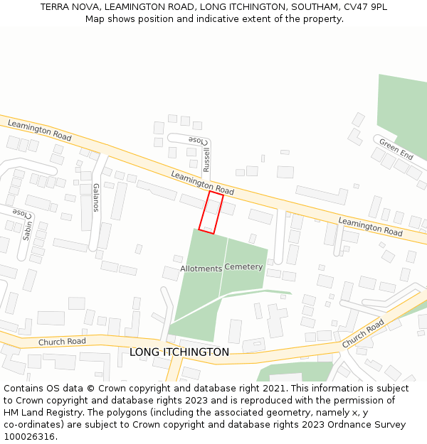 TERRA NOVA, LEAMINGTON ROAD, LONG ITCHINGTON, SOUTHAM, CV47 9PL: Location map and indicative extent of plot