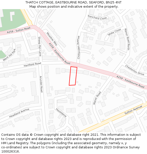 THATCH COTTAGE, EASTBOURNE ROAD, SEAFORD, BN25 4NT: Location map and indicative extent of plot