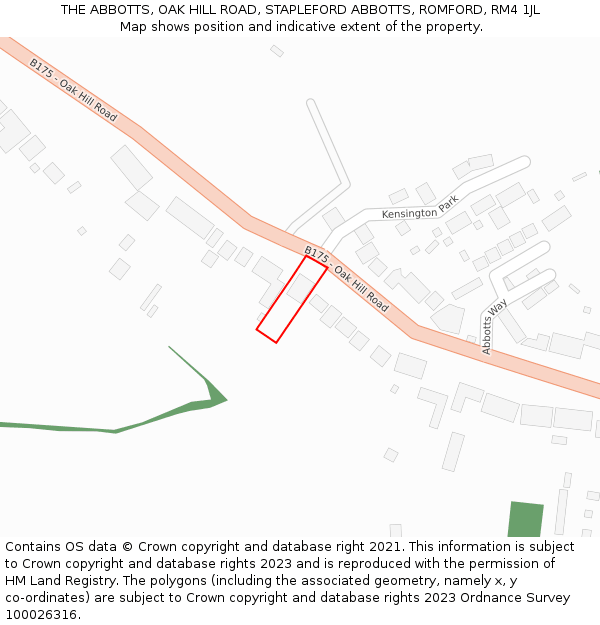 THE ABBOTTS, OAK HILL ROAD, STAPLEFORD ABBOTTS, ROMFORD, RM4 1JL: Location map and indicative extent of plot