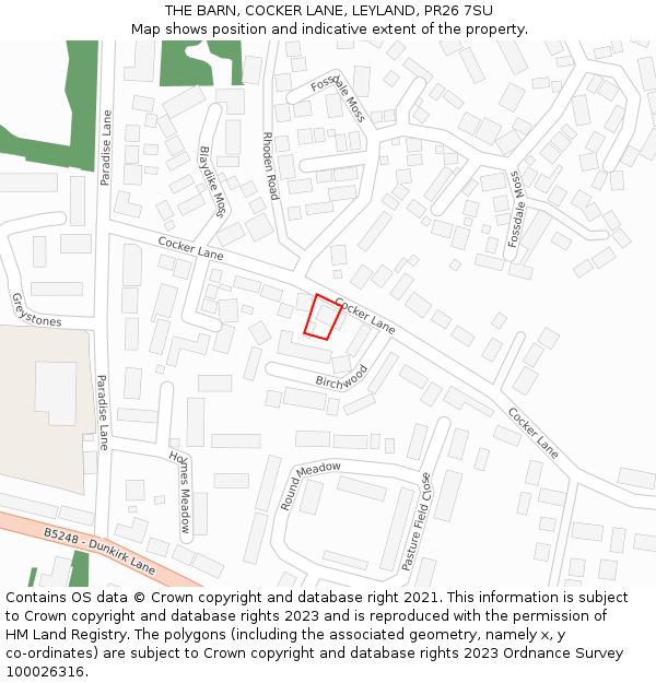 THE BARN, COCKER LANE, LEYLAND, PR26 7SU: Location map and indicative extent of plot