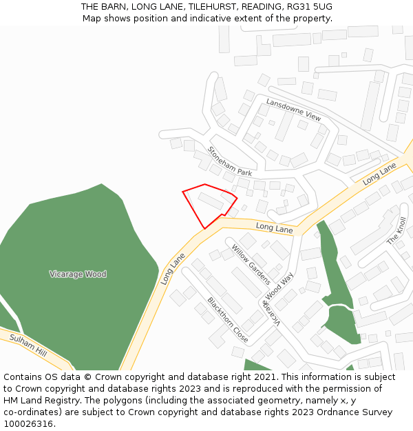 THE BARN, LONG LANE, TILEHURST, READING, RG31 5UG: Location map and indicative extent of plot