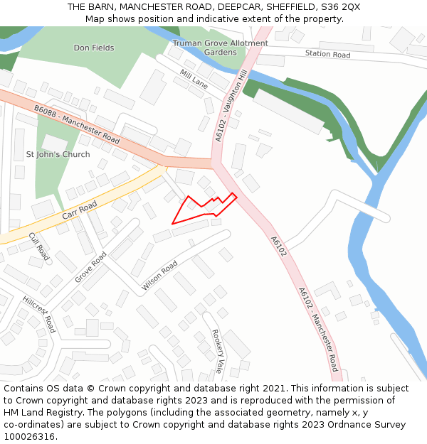 THE BARN, MANCHESTER ROAD, DEEPCAR, SHEFFIELD, S36 2QX: Location map and indicative extent of plot