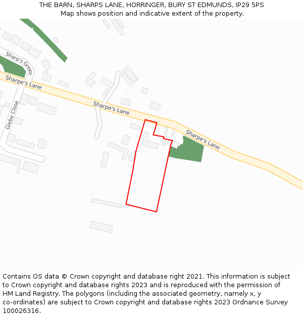 THE BARN, SHARPS LANE, HORRINGER, BURY ST EDMUNDS, IP29 5PS: Location map and indicative extent of plot