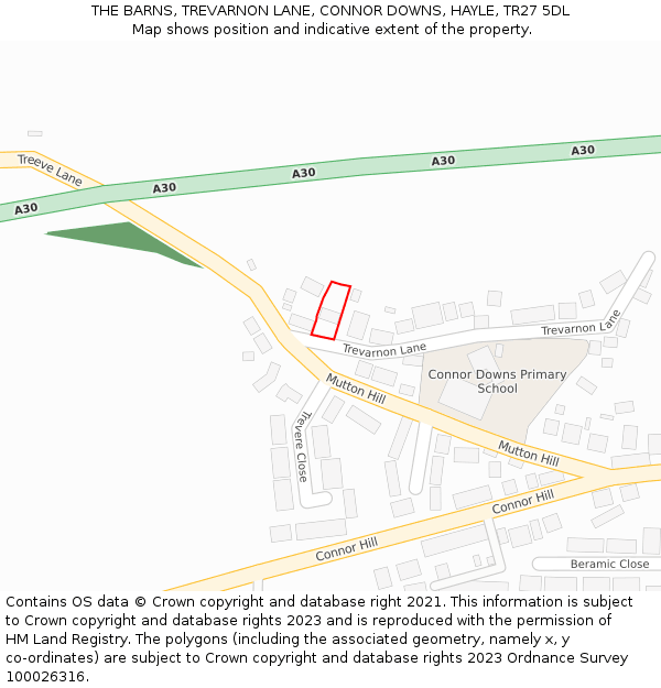 THE BARNS, TREVARNON LANE, CONNOR DOWNS, HAYLE, TR27 5DL: Location map and indicative extent of plot