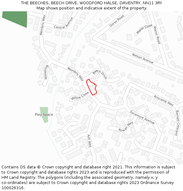THE BEECHES, BEECH DRIVE, WOODFORD HALSE, DAVENTRY, NN11 3RY: Location map and indicative extent of plot