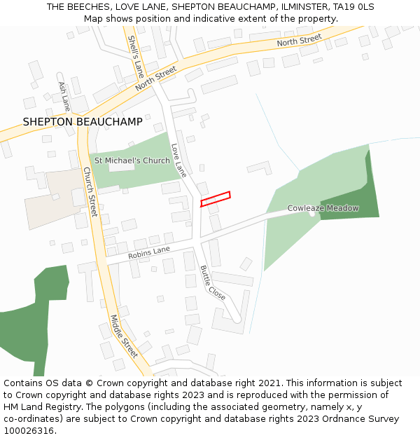 THE BEECHES, LOVE LANE, SHEPTON BEAUCHAMP, ILMINSTER, TA19 0LS: Location map and indicative extent of plot