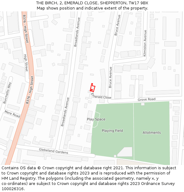THE BIRCH, 2, EMERALD CLOSE, SHEPPERTON, TW17 9BX: Location map and indicative extent of plot