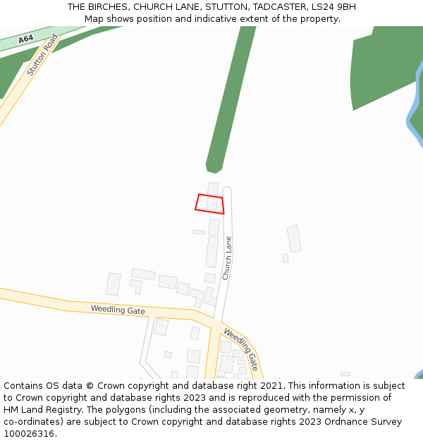 THE BIRCHES, CHURCH LANE, STUTTON, TADCASTER, LS24 9BH: Location map and indicative extent of plot