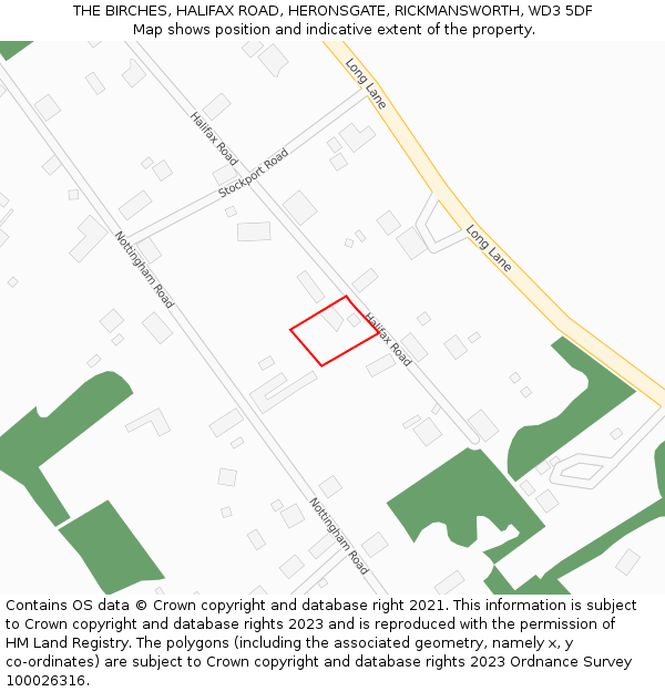 THE BIRCHES, HALIFAX ROAD, HERONSGATE, RICKMANSWORTH, WD3 5DF: Location map and indicative extent of plot