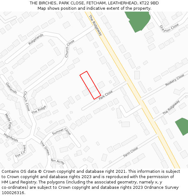 THE BIRCHES, PARK CLOSE, FETCHAM, LEATHERHEAD, KT22 9BD: Location map and indicative extent of plot