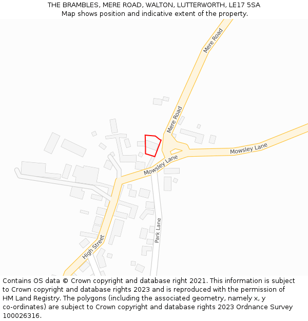 THE BRAMBLES, MERE ROAD, WALTON, LUTTERWORTH, LE17 5SA: Location map and indicative extent of plot