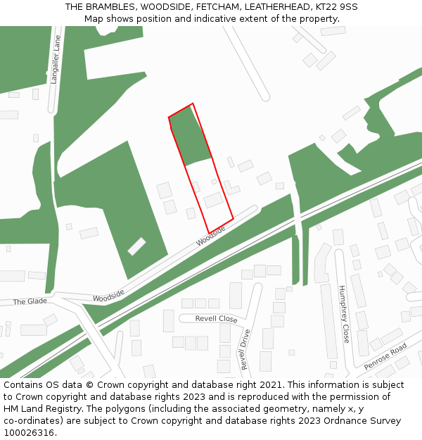 THE BRAMBLES, WOODSIDE, FETCHAM, LEATHERHEAD, KT22 9SS: Location map and indicative extent of plot