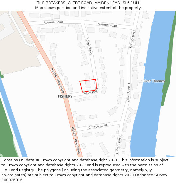 THE BREAKERS, GLEBE ROAD, MAIDENHEAD, SL6 1UH: Location map and indicative extent of plot