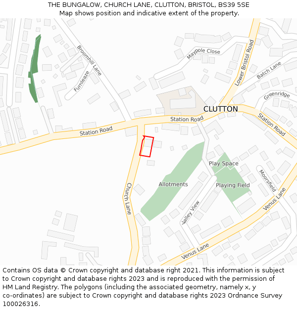 THE BUNGALOW, CHURCH LANE, CLUTTON, BRISTOL, BS39 5SE: Location map and indicative extent of plot