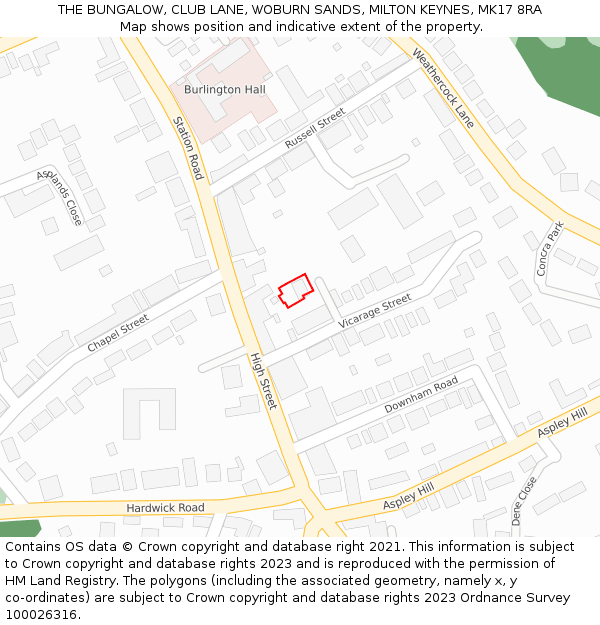 THE BUNGALOW, CLUB LANE, WOBURN SANDS, MILTON KEYNES, MK17 8RA: Location map and indicative extent of plot
