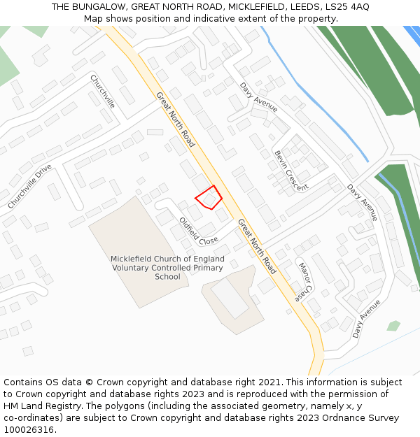 THE BUNGALOW, GREAT NORTH ROAD, MICKLEFIELD, LEEDS, LS25 4AQ: Location map and indicative extent of plot