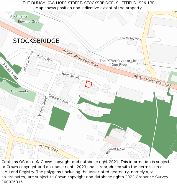 THE BUNGALOW, HOPE STREET, STOCKSBRIDGE, SHEFFIELD, S36 1BR: Location map and indicative extent of plot