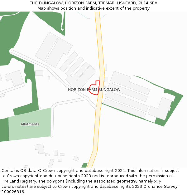 THE BUNGALOW, HORIZON FARM, TREMAR, LISKEARD, PL14 6EA: Location map and indicative extent of plot