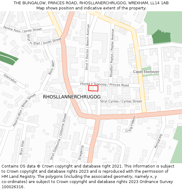 THE BUNGALOW, PRINCES ROAD, RHOSLLANERCHRUGOG, WREXHAM, LL14 1AB: Location map and indicative extent of plot
