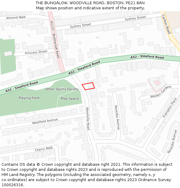 THE BUNGALOW, WOODVILLE ROAD, BOSTON, PE21 8AN: Location map and indicative extent of plot