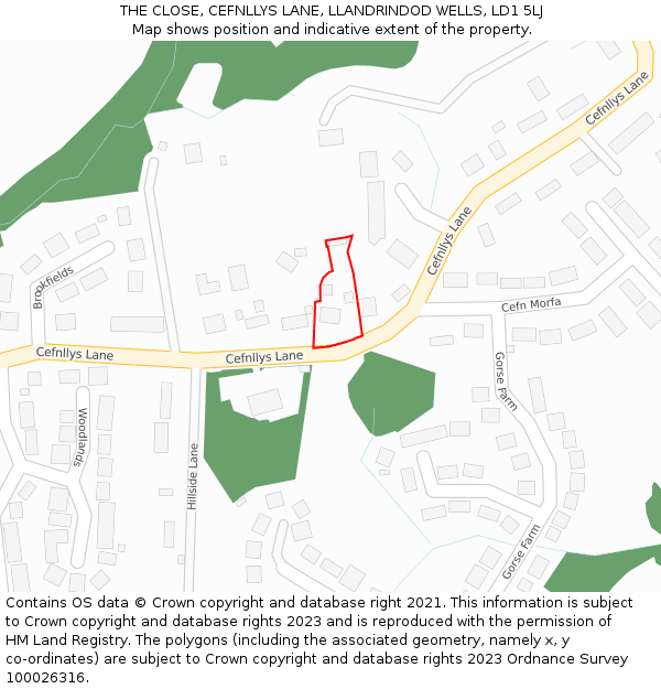 THE CLOSE, CEFNLLYS LANE, LLANDRINDOD WELLS, LD1 5LJ: Location map and indicative extent of plot