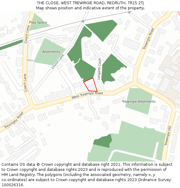 THE CLOSE, WEST TREWIRGIE ROAD, REDRUTH, TR15 2TJ: Location map and indicative extent of plot