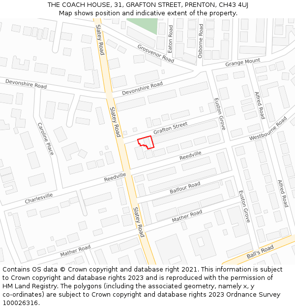 THE COACH HOUSE, 31, GRAFTON STREET, PRENTON, CH43 4UJ: Location map and indicative extent of plot