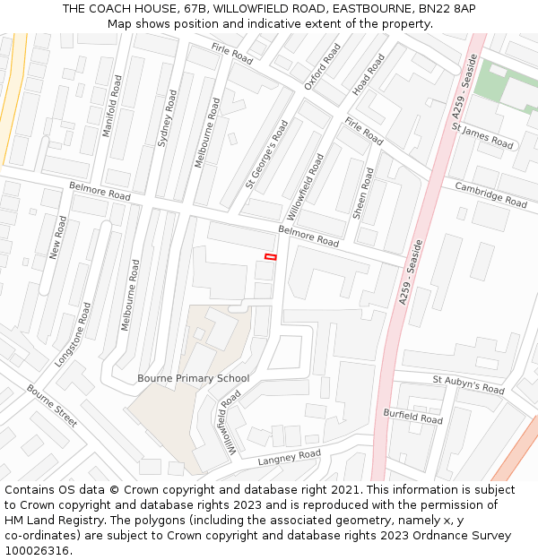THE COACH HOUSE, 67B, WILLOWFIELD ROAD, EASTBOURNE, BN22 8AP: Location map and indicative extent of plot