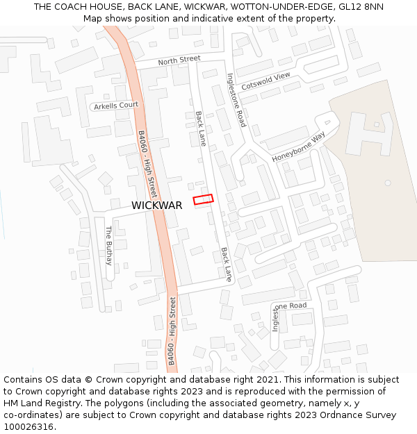 THE COACH HOUSE, BACK LANE, WICKWAR, WOTTON-UNDER-EDGE, GL12 8NN: Location map and indicative extent of plot