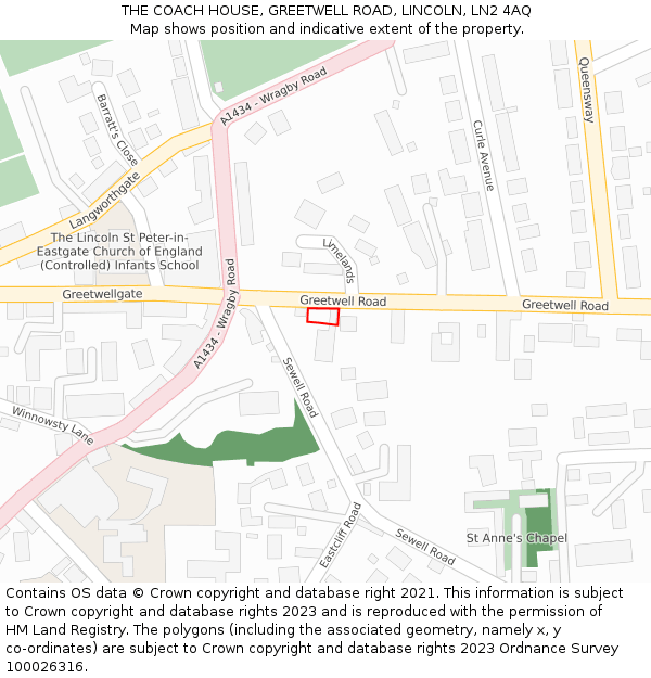 THE COACH HOUSE, GREETWELL ROAD, LINCOLN, LN2 4AQ: Location map and indicative extent of plot