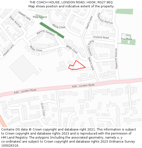 THE COACH HOUSE, LONDON ROAD, HOOK, RG27 9EQ: Location map and indicative extent of plot