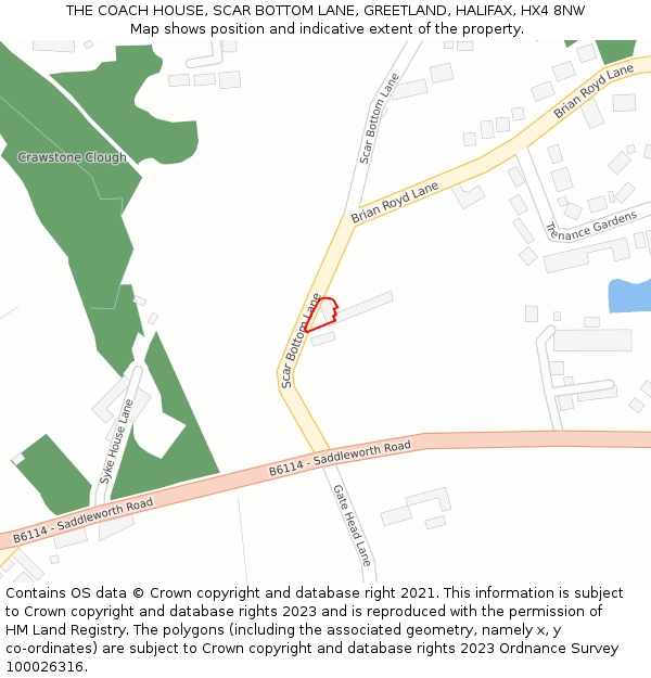 THE COACH HOUSE, SCAR BOTTOM LANE, GREETLAND, HALIFAX, HX4 8NW: Location map and indicative extent of plot