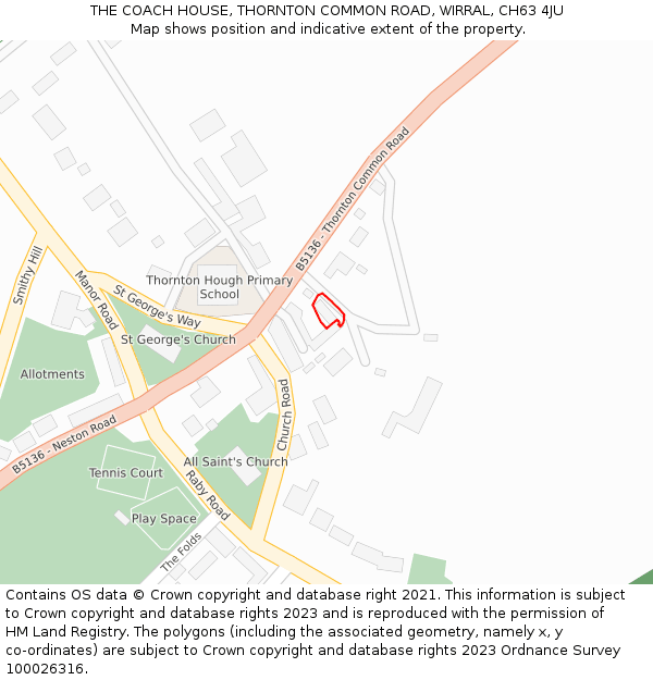 THE COACH HOUSE, THORNTON COMMON ROAD, WIRRAL, CH63 4JU: Location map and indicative extent of plot