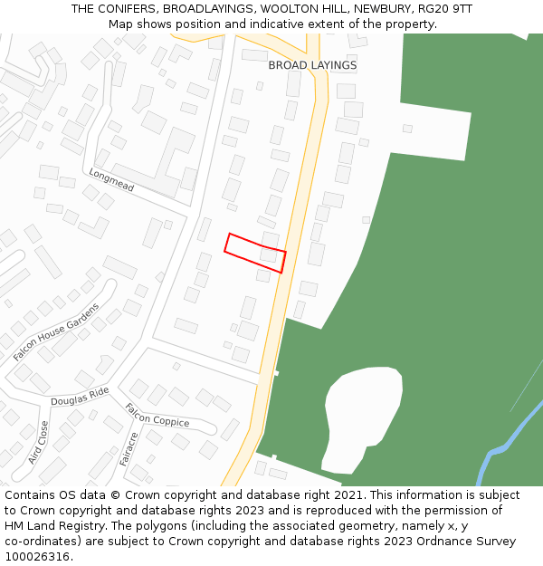 THE CONIFERS, BROADLAYINGS, WOOLTON HILL, NEWBURY, RG20 9TT: Location map and indicative extent of plot