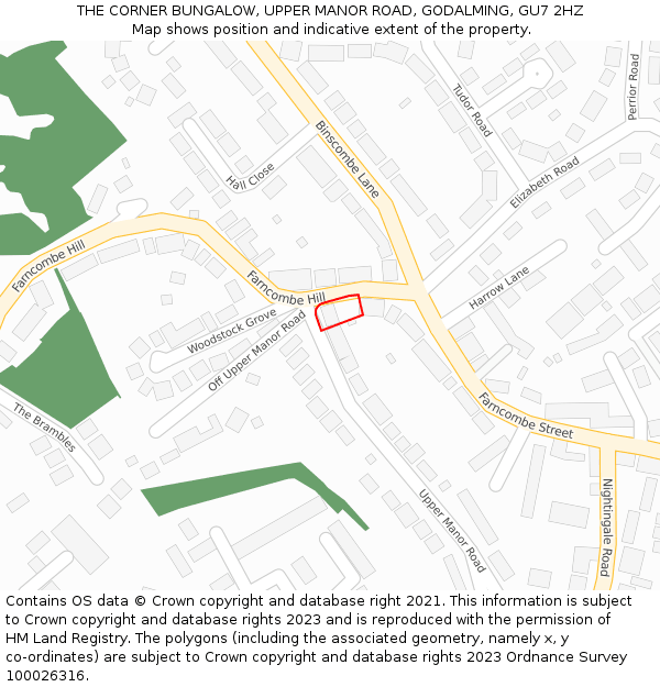 THE CORNER BUNGALOW, UPPER MANOR ROAD, GODALMING, GU7 2HZ: Location map and indicative extent of plot