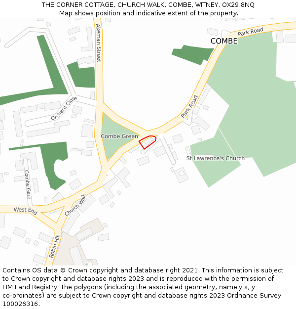 THE CORNER COTTAGE, CHURCH WALK, COMBE, WITNEY, OX29 8NQ: Location map and indicative extent of plot