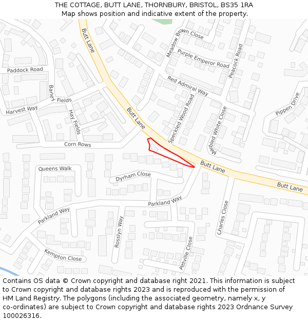 THE COTTAGE, BUTT LANE, THORNBURY, BRISTOL, BS35 1RA: Location map and indicative extent of plot