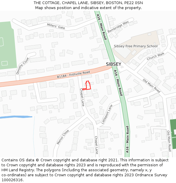 THE COTTAGE, CHAPEL LANE, SIBSEY, BOSTON, PE22 0SN: Location map and indicative extent of plot