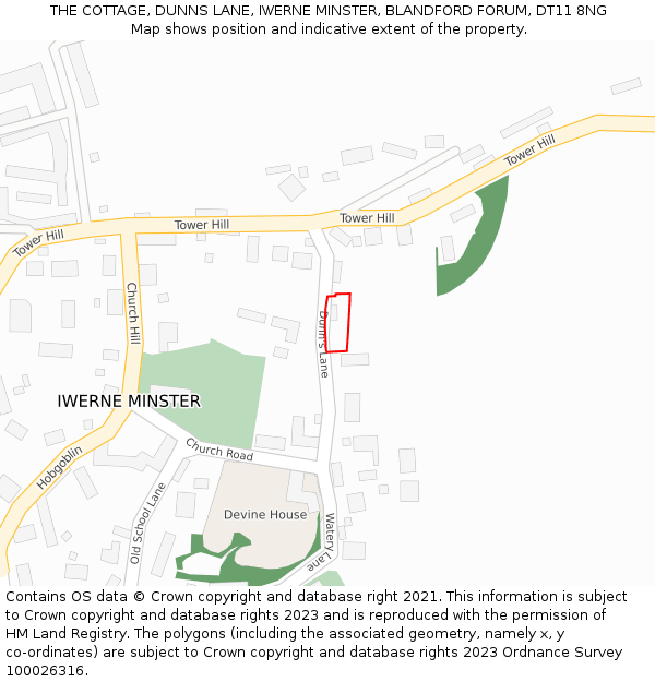 THE COTTAGE, DUNNS LANE, IWERNE MINSTER, BLANDFORD FORUM, DT11 8NG: Location map and indicative extent of plot