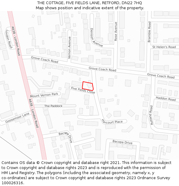 THE COTTAGE, FIVE FIELDS LANE, RETFORD, DN22 7HQ: Location map and indicative extent of plot