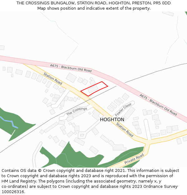 THE CROSSINGS BUNGALOW, STATION ROAD, HOGHTON, PRESTON, PR5 0DD: Location map and indicative extent of plot