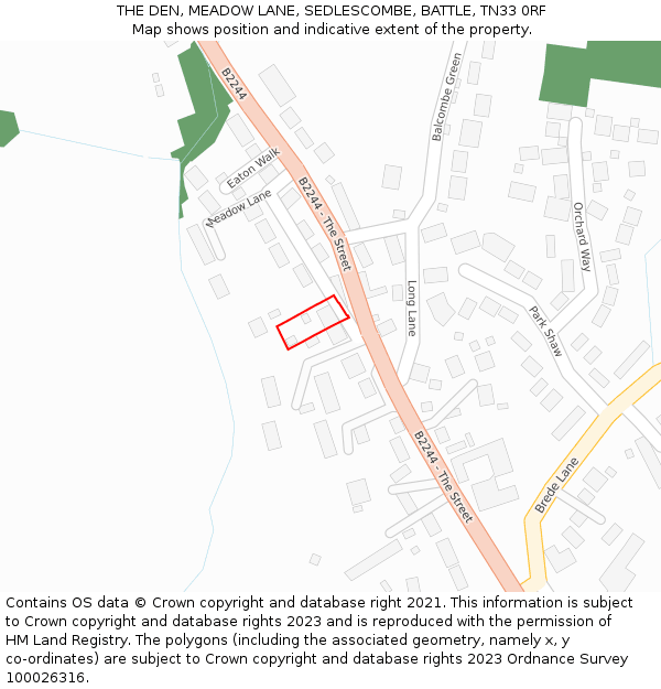 THE DEN, MEADOW LANE, SEDLESCOMBE, BATTLE, TN33 0RF: Location map and indicative extent of plot