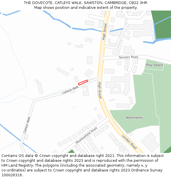 THE DOVECOTE, CATLEYS WALK, SAWSTON, CAMBRIDGE, CB22 3HR: Location map and indicative extent of plot