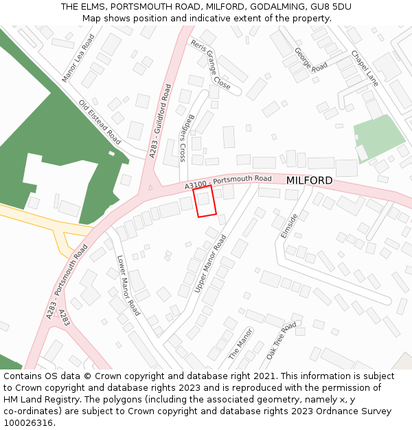 THE ELMS, PORTSMOUTH ROAD, MILFORD, GODALMING, GU8 5DU: Location map and indicative extent of plot