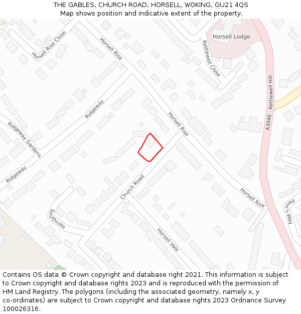THE GABLES, CHURCH ROAD, HORSELL, WOKING, GU21 4QS: Location map and indicative extent of plot