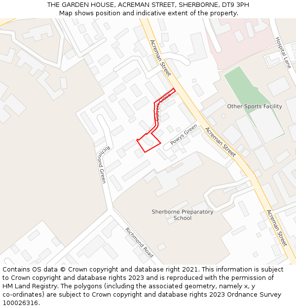 THE GARDEN HOUSE, ACREMAN STREET, SHERBORNE, DT9 3PH: Location map and indicative extent of plot