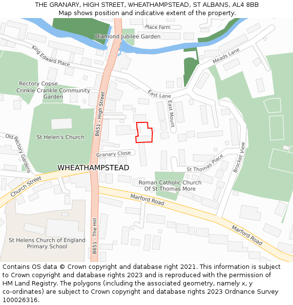 THE GRANARY, HIGH STREET, WHEATHAMPSTEAD, ST ALBANS, AL4 8BB: Location map and indicative extent of plot